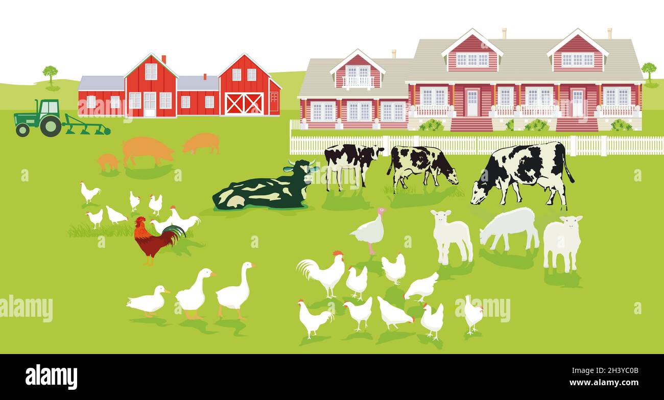 Granja con casa de campo y animales de granja ilustración Foto de stock