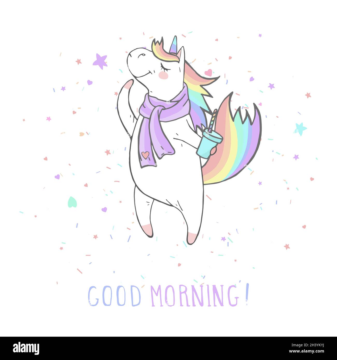 Ilustración vectorial de un lindo unicornio dibujado a mano en bufanda con  café y texto - BUENOS DÍAS en el fondo de wistha. Para imprimir, t-shits,  tarjetas de felicitación, p Imagen Vector