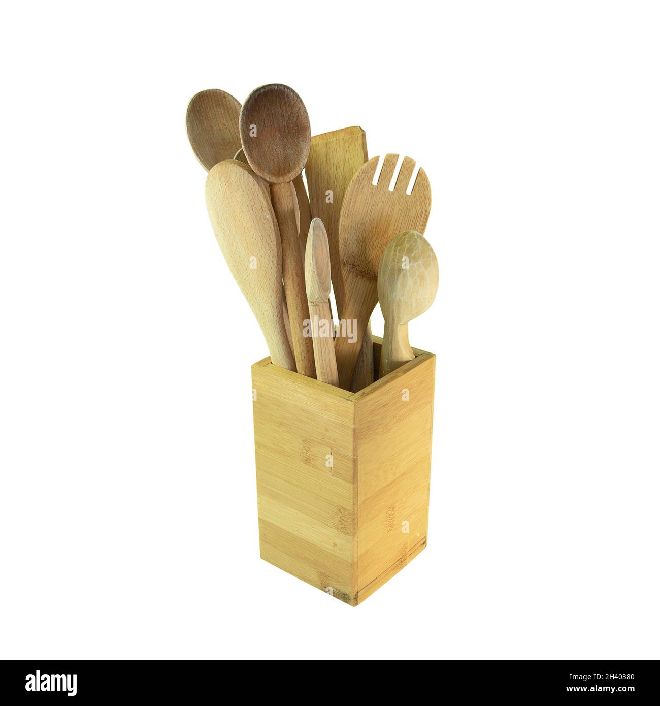 colección de cucharas de madera y utensilios de cocina aislados sobre fondo blanco Foto de stock