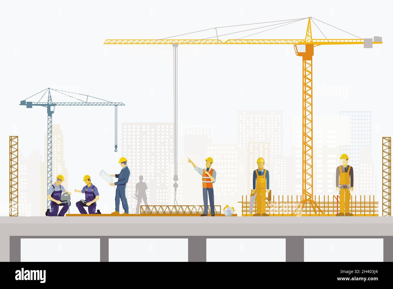 Trabajador de hormigón e ingeniero estructural en el lugar de la construcción, ilustración Foto de stock