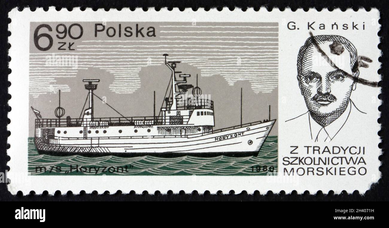 POLONIA - CIRCA 1980: Un sello impreso en Polonia muestra la nave de entrenamiento Horyzon y G. Kanski, profesor, circa 1980 Foto de stock