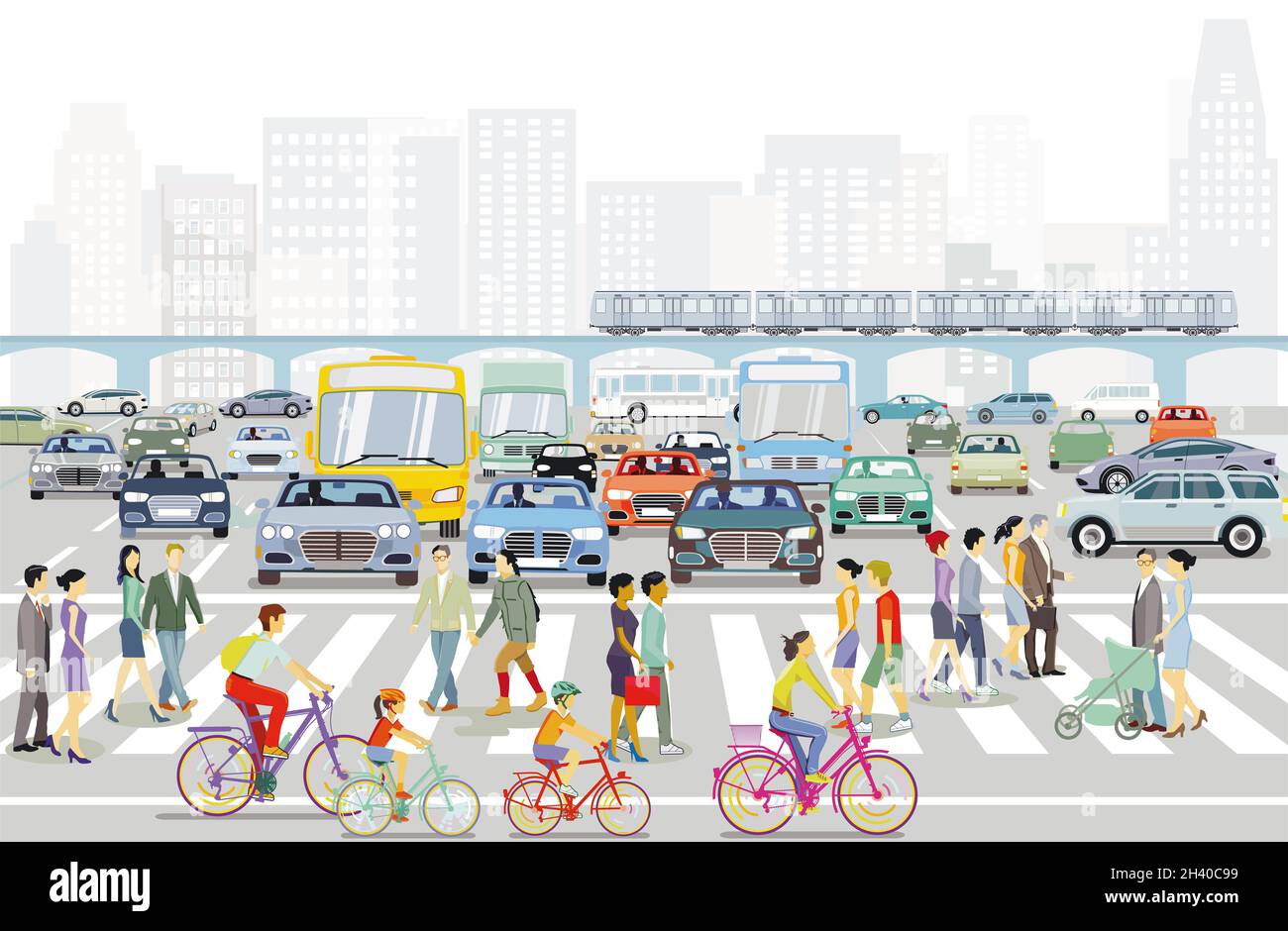 Silueta de la ciudad con intersección en una ciudad y gente en la acera, ilustración Foto de stock