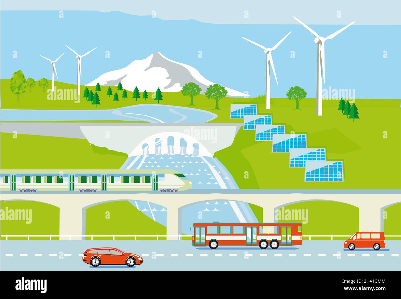 Aerogeneradores, energía hidroeléctrica y solar, con vehículos eléctricos y tren de pasajeros, ilustración Foto de stock