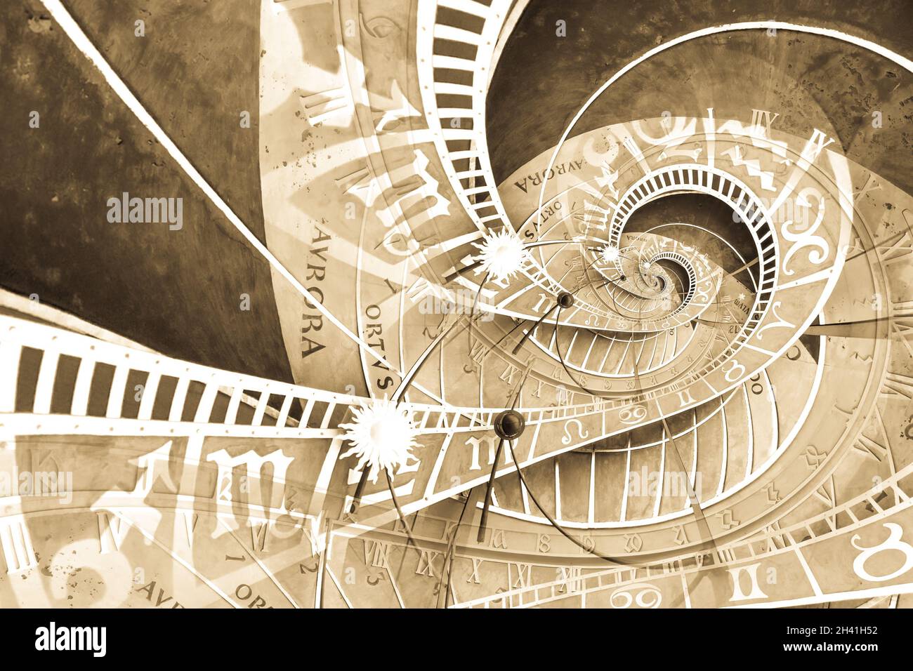 Efecto Droste fondo basado en el reloj astronómico de Praga. Diseño abstracto para conceptos relacionados con la astrología y la fantasía. Foto de stock