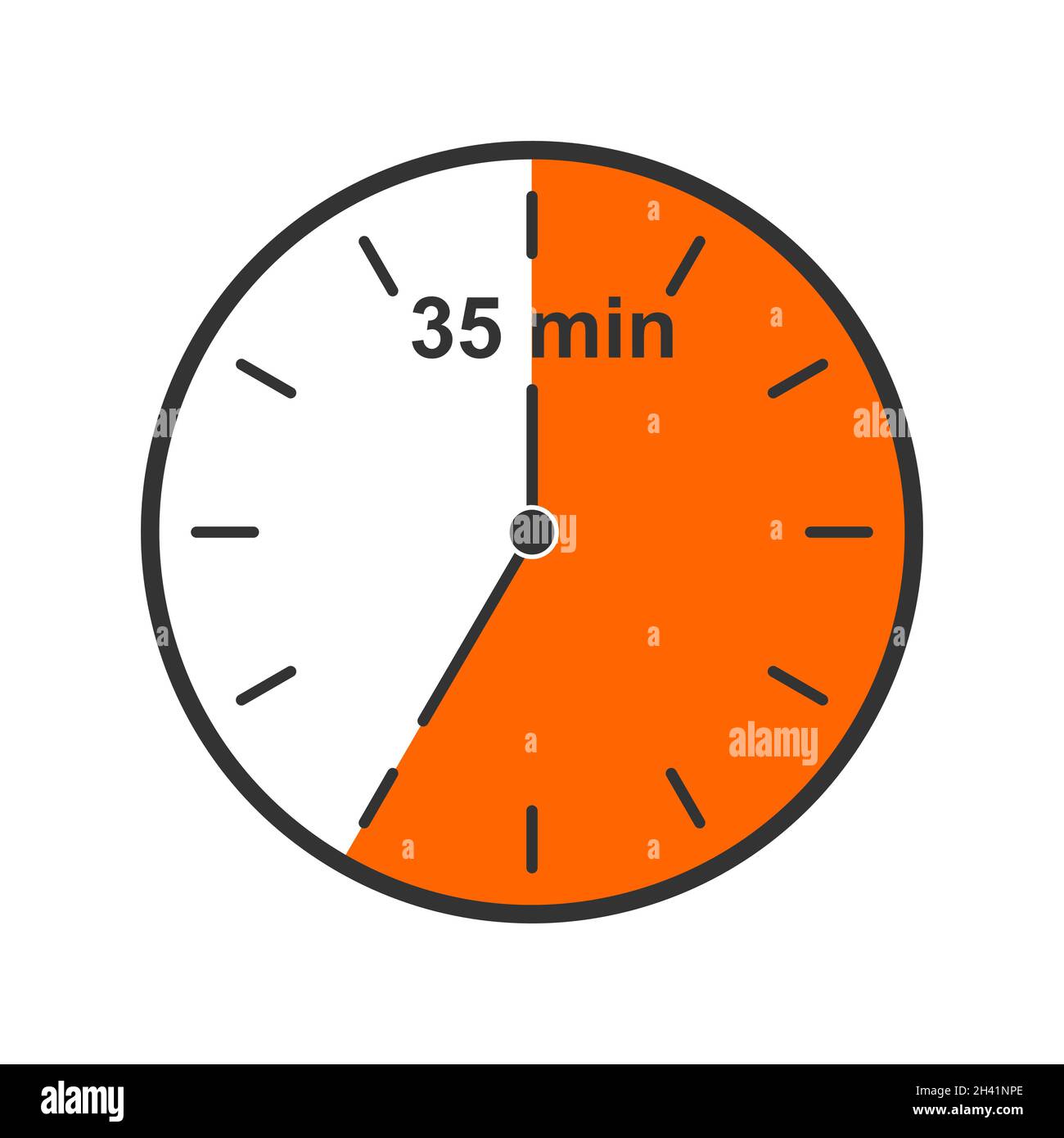 Icono de reloj con intervalo de tiempo de 35 minutos. Símbolo de  temporizador de cuenta atrás o cronómetro aislado sobre fondo blanco.  Elemento infográfico para cocinar o jugar al deporte. Ilustración de