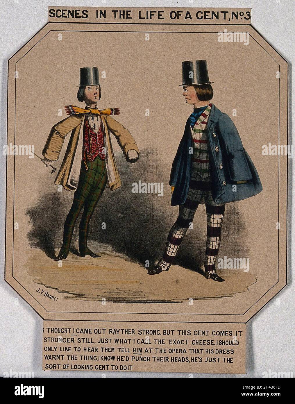 Dos hombres llevan el moderno vestido de pantalones de cuadros, sombreros, sombreros y abrigos. Litografía coloreada después de J.V. Barret. Foto de stock