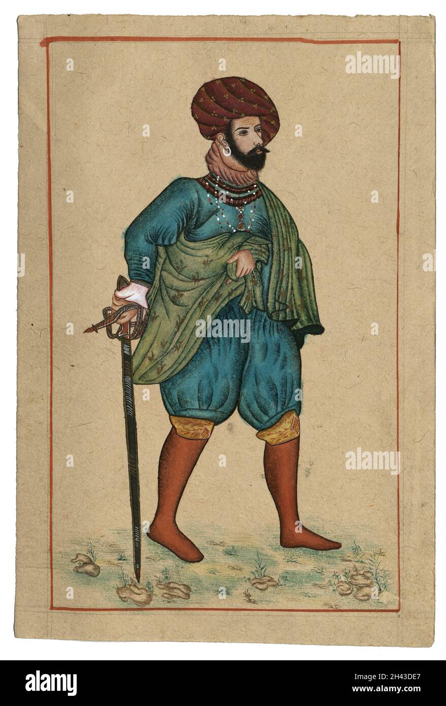 Pintura de un hombre en tuban, capa, armado con una espada de Basket hilted estilo del siglo 17th, Foto de stock