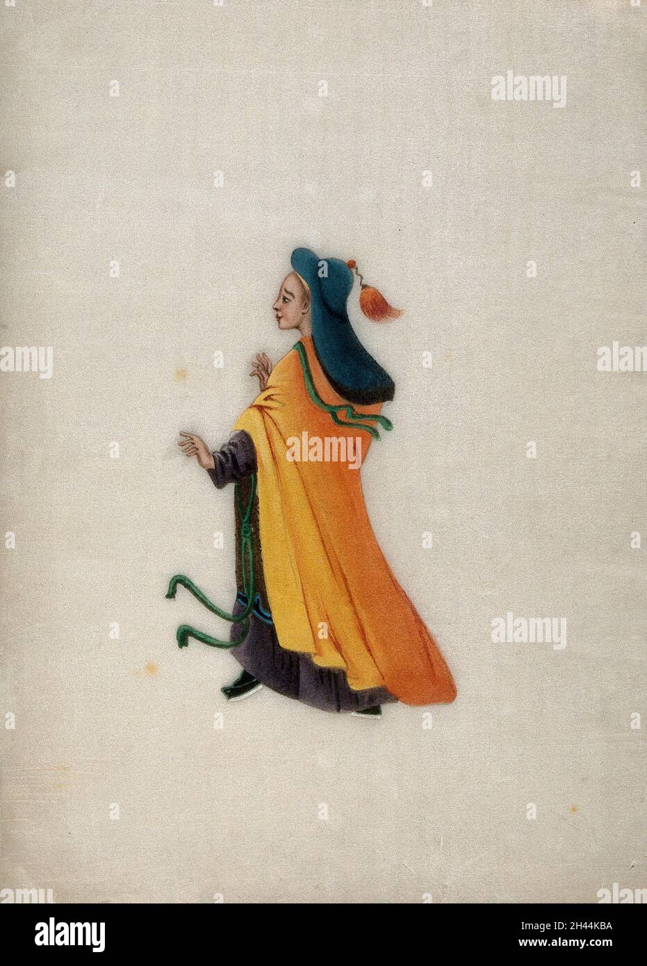 Una mujer que lleva batas de colores brillantes y un vestido de cabeza  jasselado. Acuarela de un artista chino, ca. 1800 Fotografía de stock -  Alamy