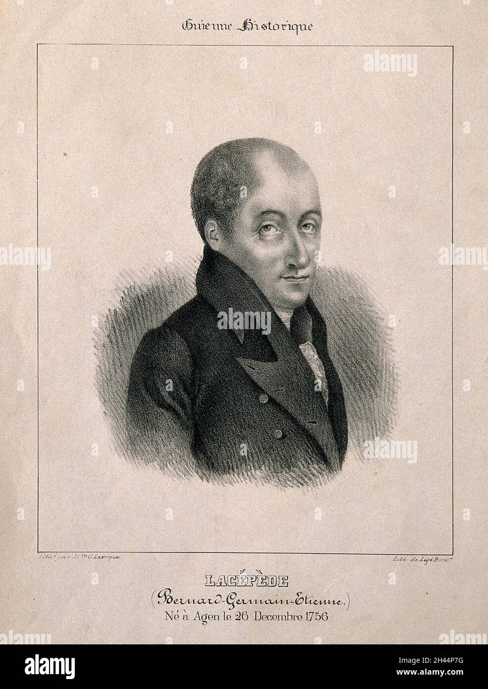 Bernard Germain Étienne de la Ville-sur-Illon, Comte de Lacépède. Litografía de Mlle G. Laroque. Foto de stock