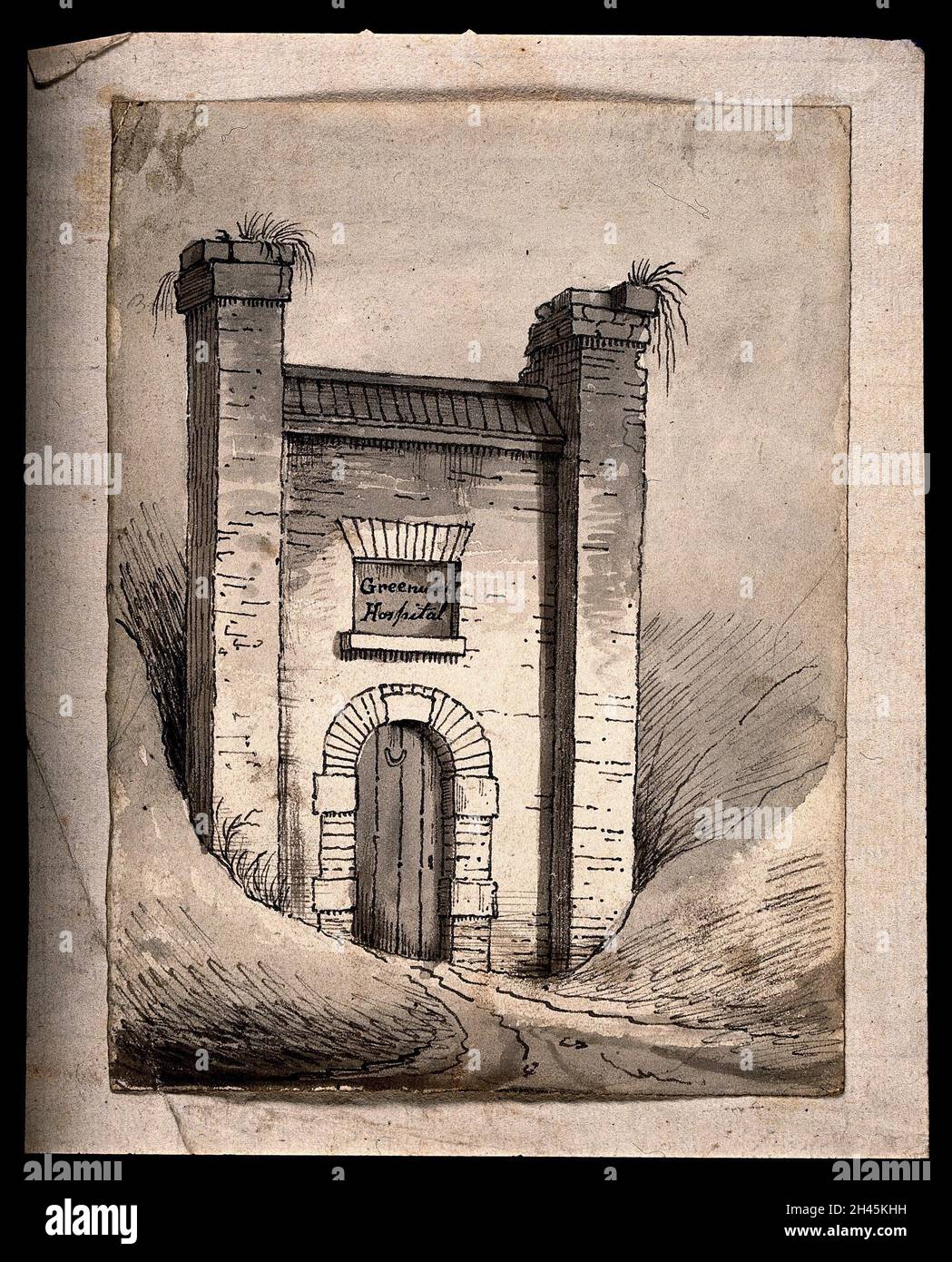 Una puerta de entrada en ruinas, con malezas que crecen en la parte  superior de los muelles, etiquetada en una ventana central ciega:  'Greenwich Hospital'. Dibujo a lápiz con lavado Fotografía de