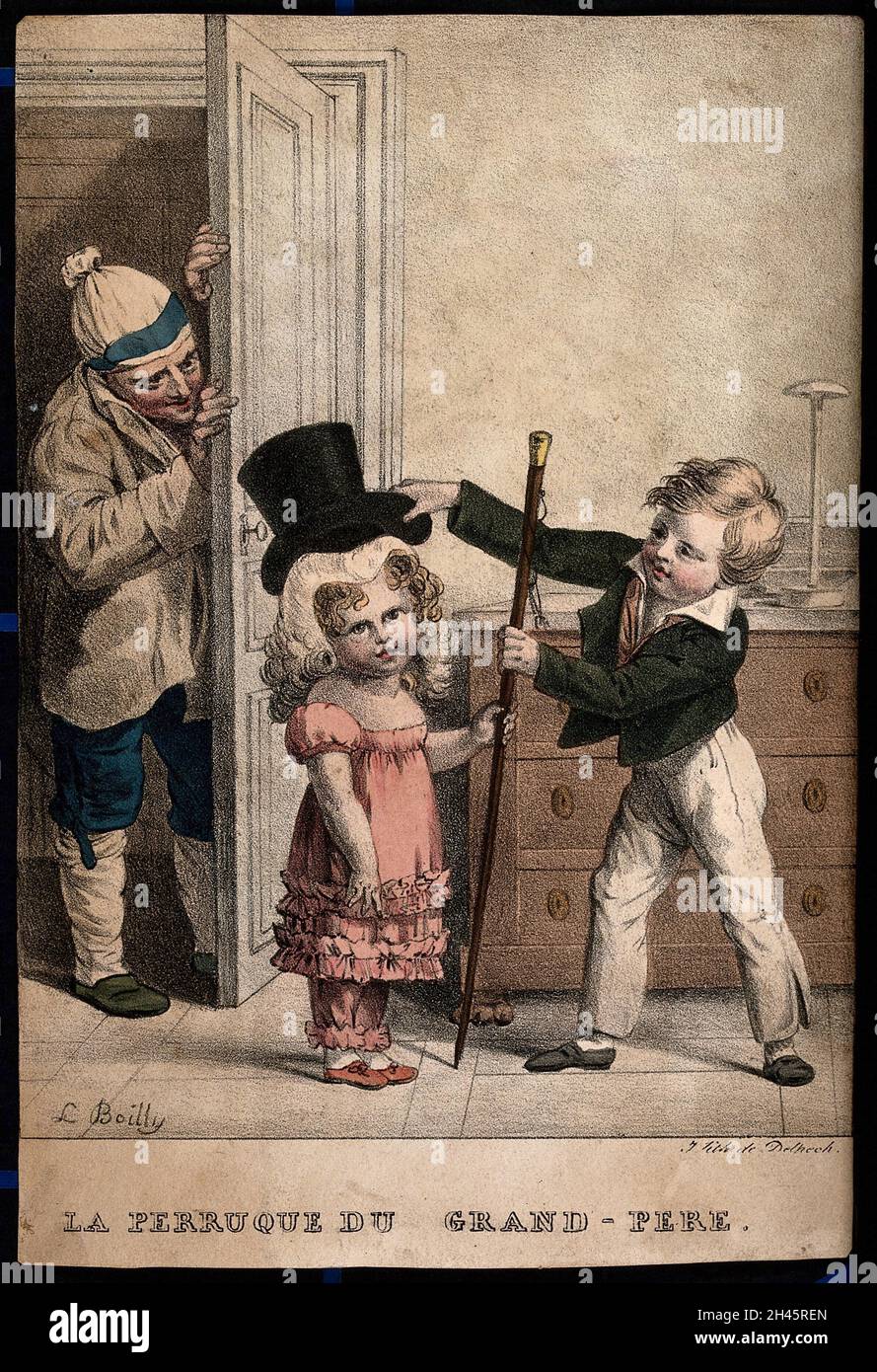 Un niño pequeño coloca la peluca y el sombrero de su abuelo sobre su  hermana menor; el abuelo mira con diversión. Litografía coloreada por L.  Boilly, 1824 Fotografía de stock - Alamy