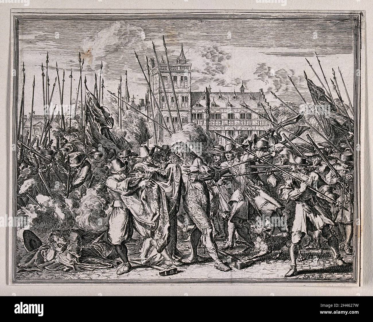 El asesinato de los hermanos De Witt en La Haya el 20 de agosto de 1672. Grabado por R. de Hooghe. Foto de stock