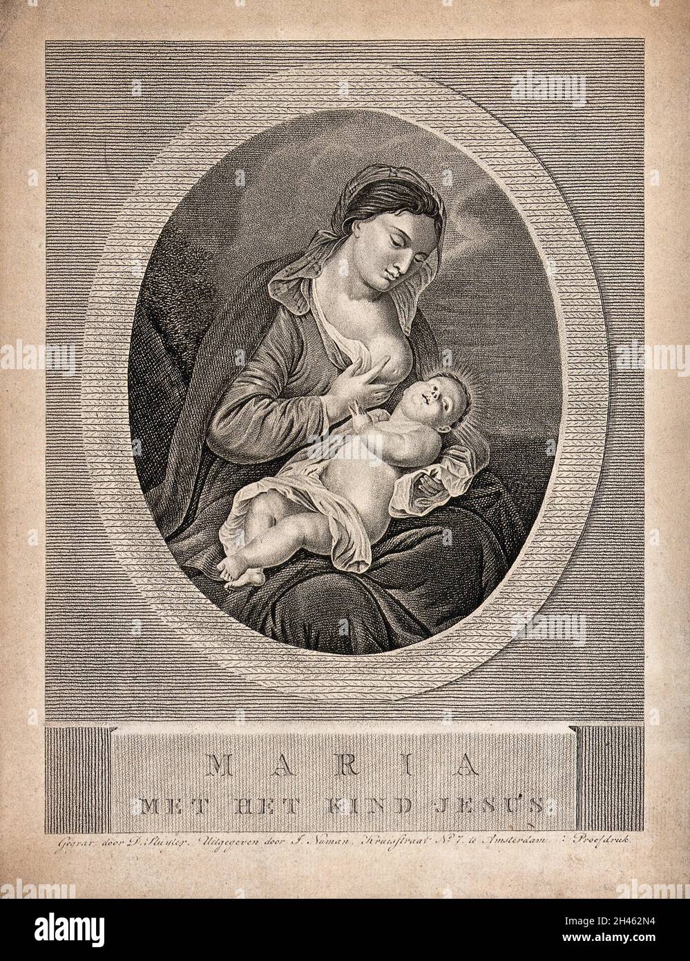 Santa María (la Santísima Virgen) con el Niño Cristo. Estipendio grabado por D. Sluyter. Foto de stock