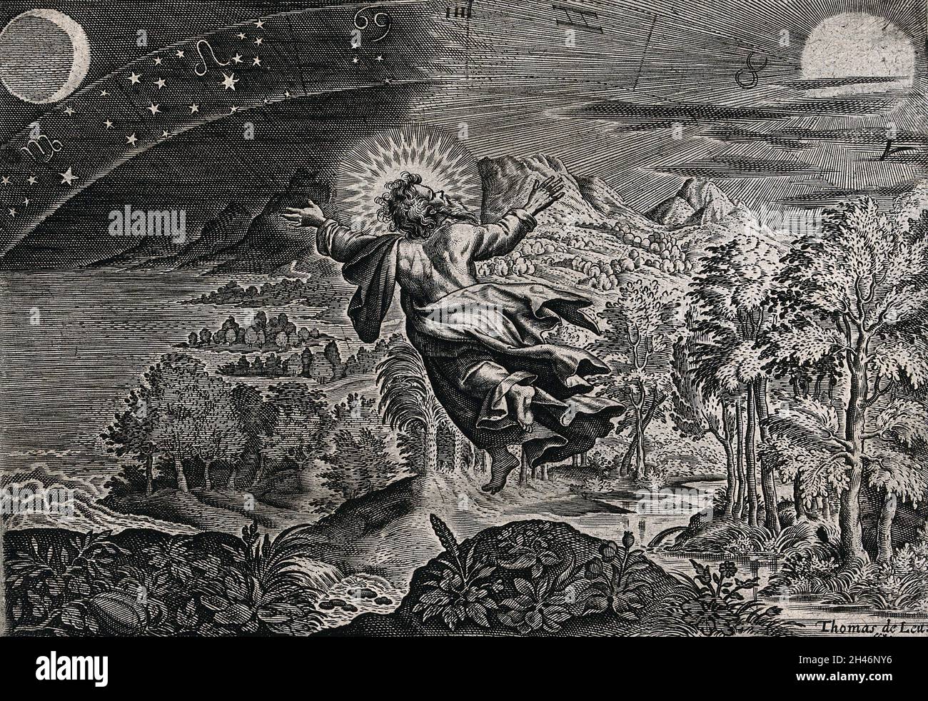 El cuarto día de la creación Dios crea el sol, la luna y las estrellas. Grabado de líneas por