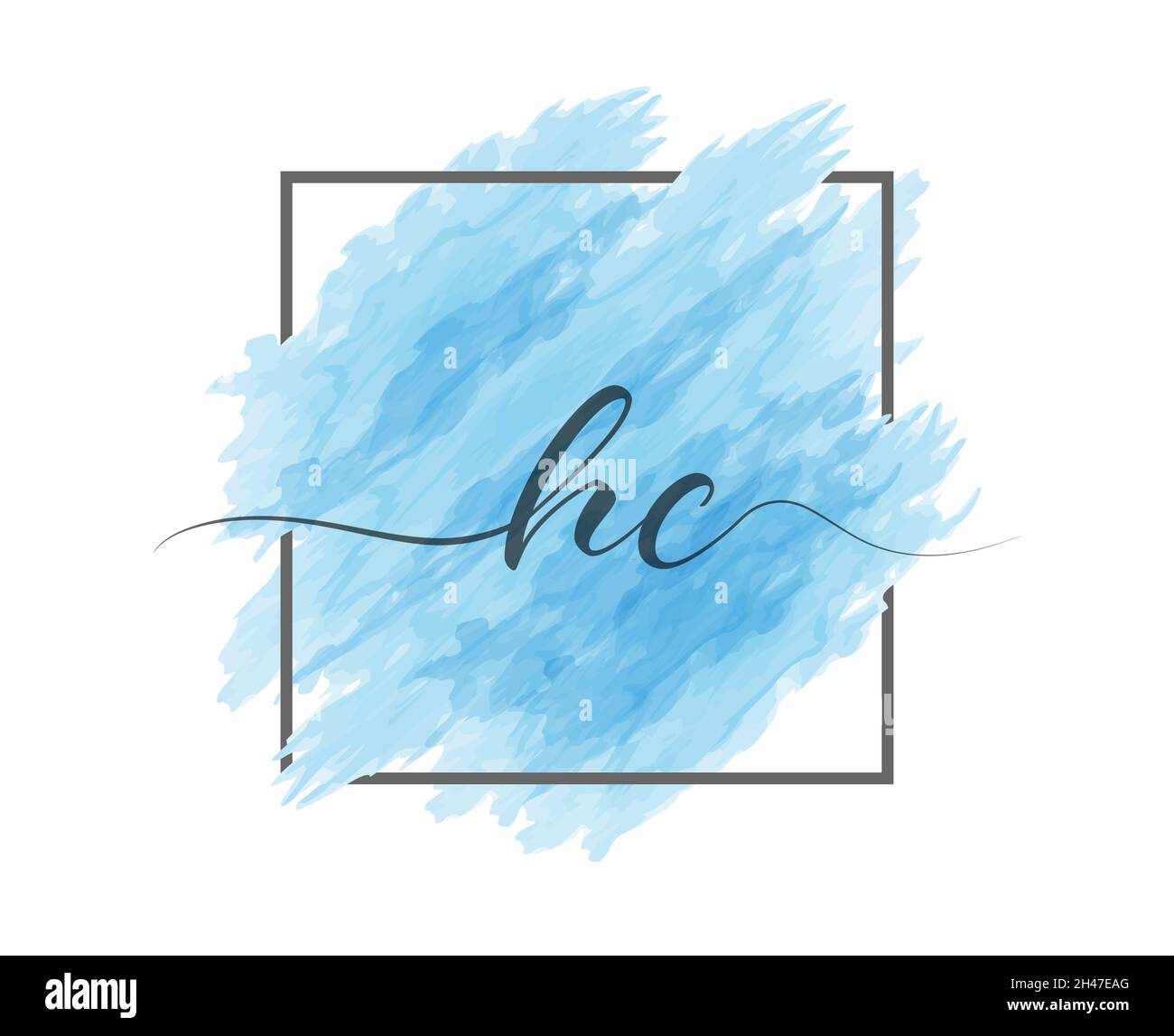 Las letras minúsculas caligráficas H y C se escriben en una línea sólida sobre un fondo coloreado en un marco. Estilo simple Ilustración del Vector
