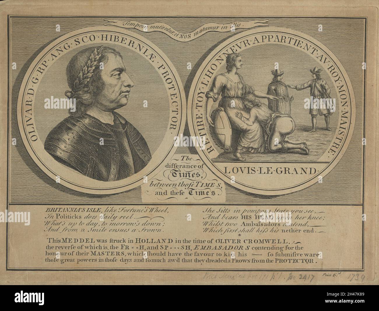 Oliver Cromwell (izquierda) y el Protector arrodillándose con la cabeza en el regazo de Britannia (derecha): Dos vueltas. Grabado, 1739. Foto de stock