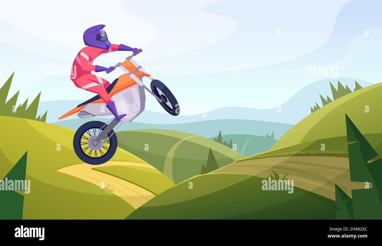 Fondo de motocross. Freestyle ciclismo agresivo deportes extremos ciclistas saltar en bicicleta exacta vector ilustración de dibujos animados Ilustración del Vector