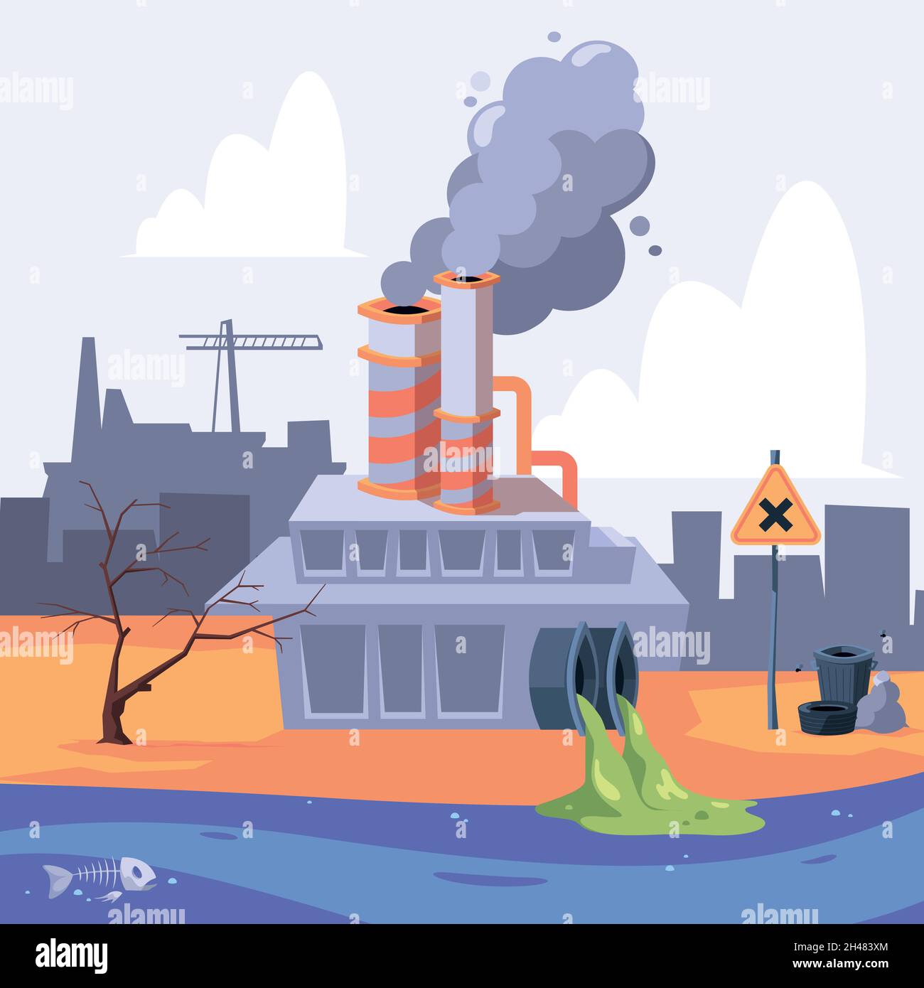 Contaminación de la ciudad. Residuos urbanos tóxicos basura líquida paisaje  garish vector de fondo de dibujos animados Imagen Vector de stock - Alamy
