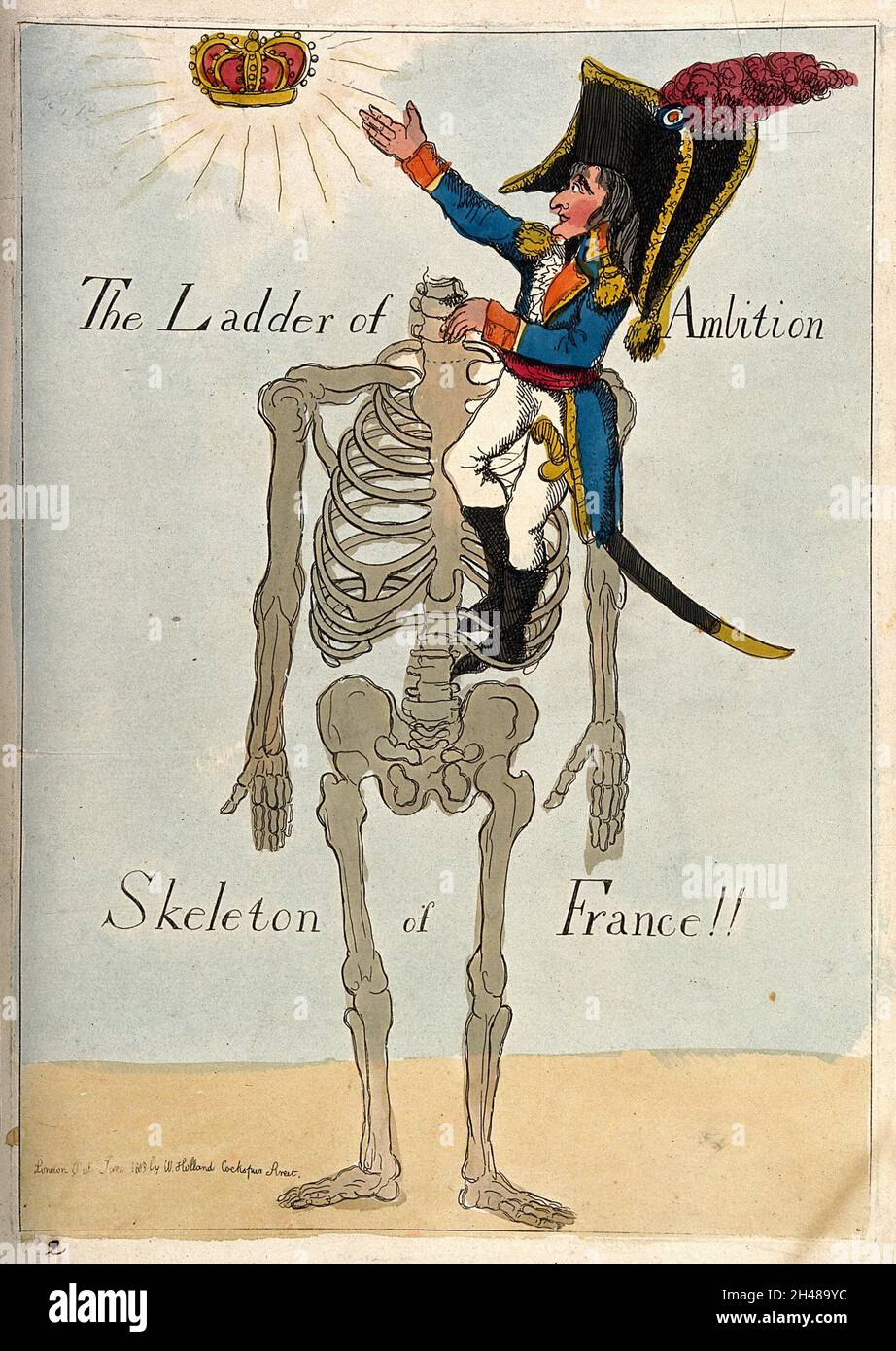 Napoleón trepando un esqueleto sin cabeza tratando de alcanzar una corona  inalcanzable; representando sus ambiciones imperiales para Francia y las  suyas propias para la soberanía. Grabado de colores, 1803 Fotografía de  stock -