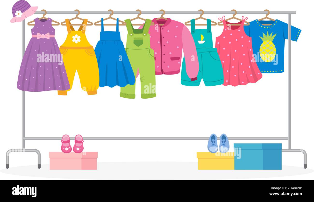 Ropa en percha. Vitrina de tela con ropa de rack compras ventas reciente  vector de dibujos animados de color de fondo Imagen Vector de stock - Alamy
