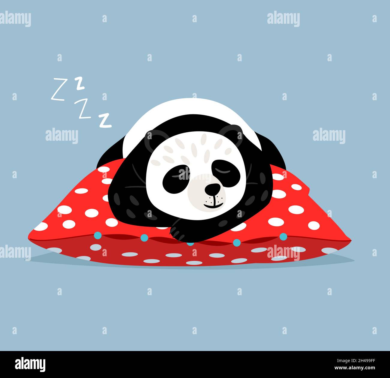 Panda durmiendo. Lindo perezoso asiático sobre almohada roja con lunares,  cansado sueño comic animales osos vector ilustración de dibujos animados,  kawaii relajarse fin de semana personaje mascota aislado en azul Imagen  Vector