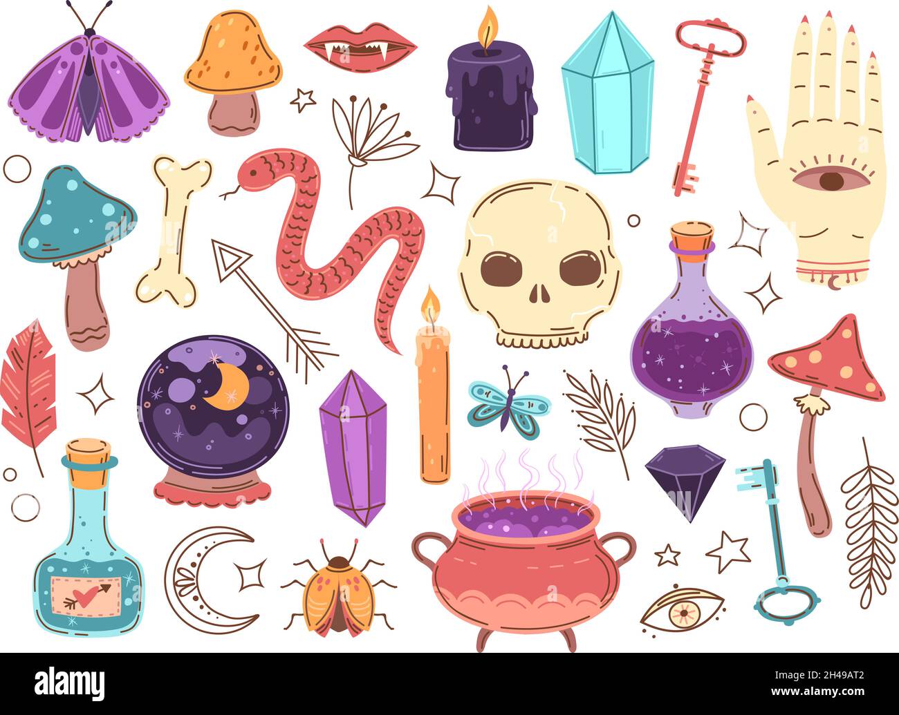 Elementos ocultos de fideos. Pegatinas dibujadas a mano, mago boho signos. Símbolos de alquimia o hada, poción en el vaso, tienda de magia de brujería juego de vectores exacto Ilustración del Vector