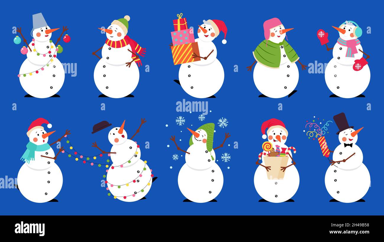 Muñeco de nieve de dibujos animados. Muñecos de nieve con regalo de Navidad,  felices fiestas de invierno personajes de nieve. El hombre aislado celebra  la Navidad, divertido juego de vectores decente Imagen