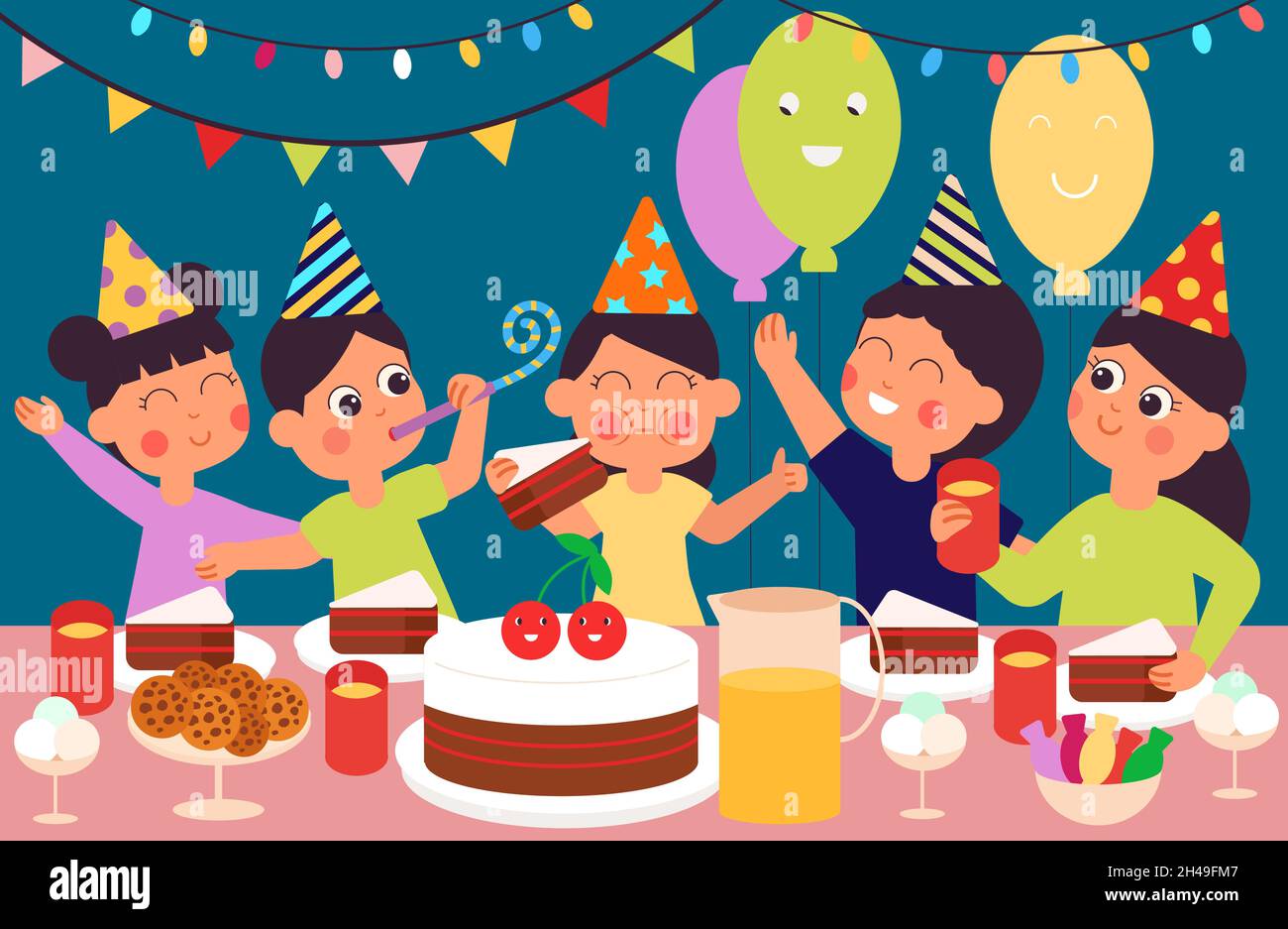 Fiesta de cumpleaños para niños. Felices niños lindos, niños pequeños  comiendo postres dulces. Personajes de dibujos animados sentados en la  mesa, almuerzo festivo o cena decente vector Imagen Vector de stock -
