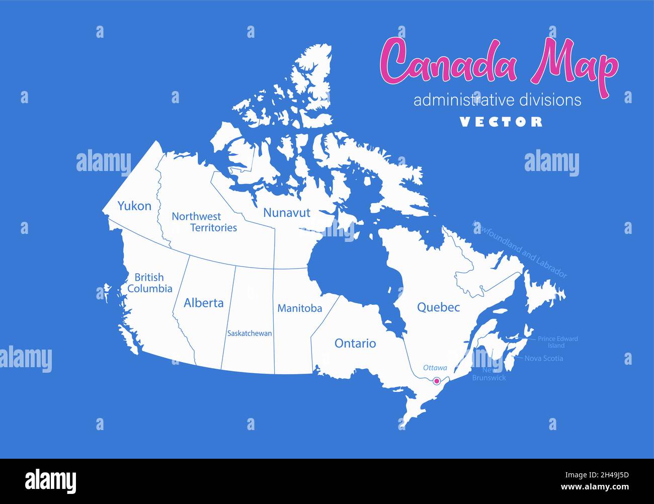 Mapa de Canadá, divisiones administrativas con nombres de regiones, vector de fondo azul Ilustración del Vector