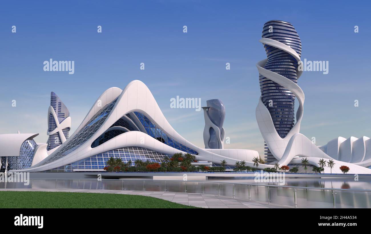 Horizonte urbano futurista con estructuras de gran altura rodeadas de arquitectura orgánica con el camino de aislamiento incluido en la ilustración de 3D, para scie Foto de stock