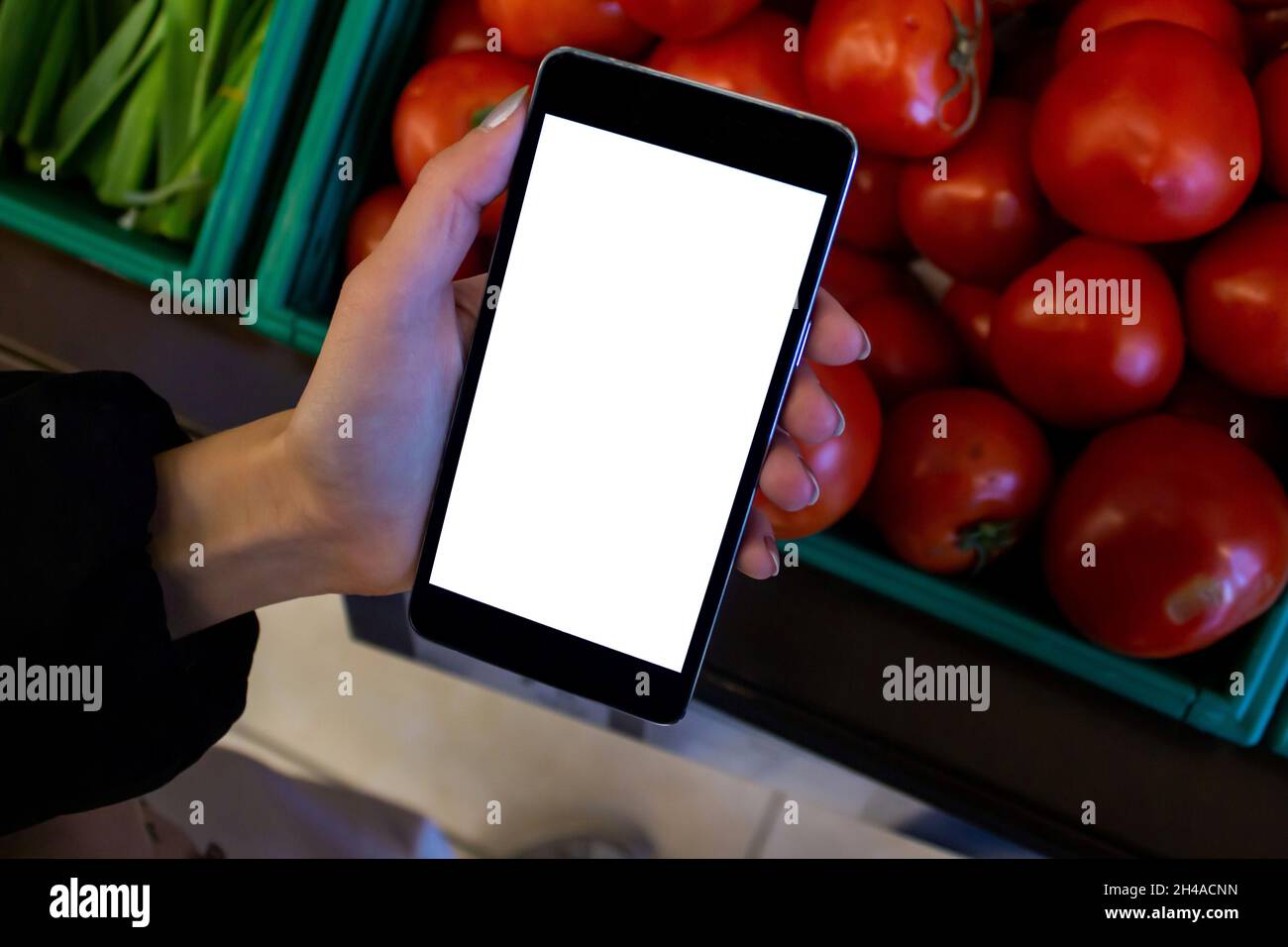 Mujer usando el teléfono móvil, burla imagen de la mano femenina sosteniendo el teléfono móvil con pantalla blanca en blanco en las compras. Foto de stock