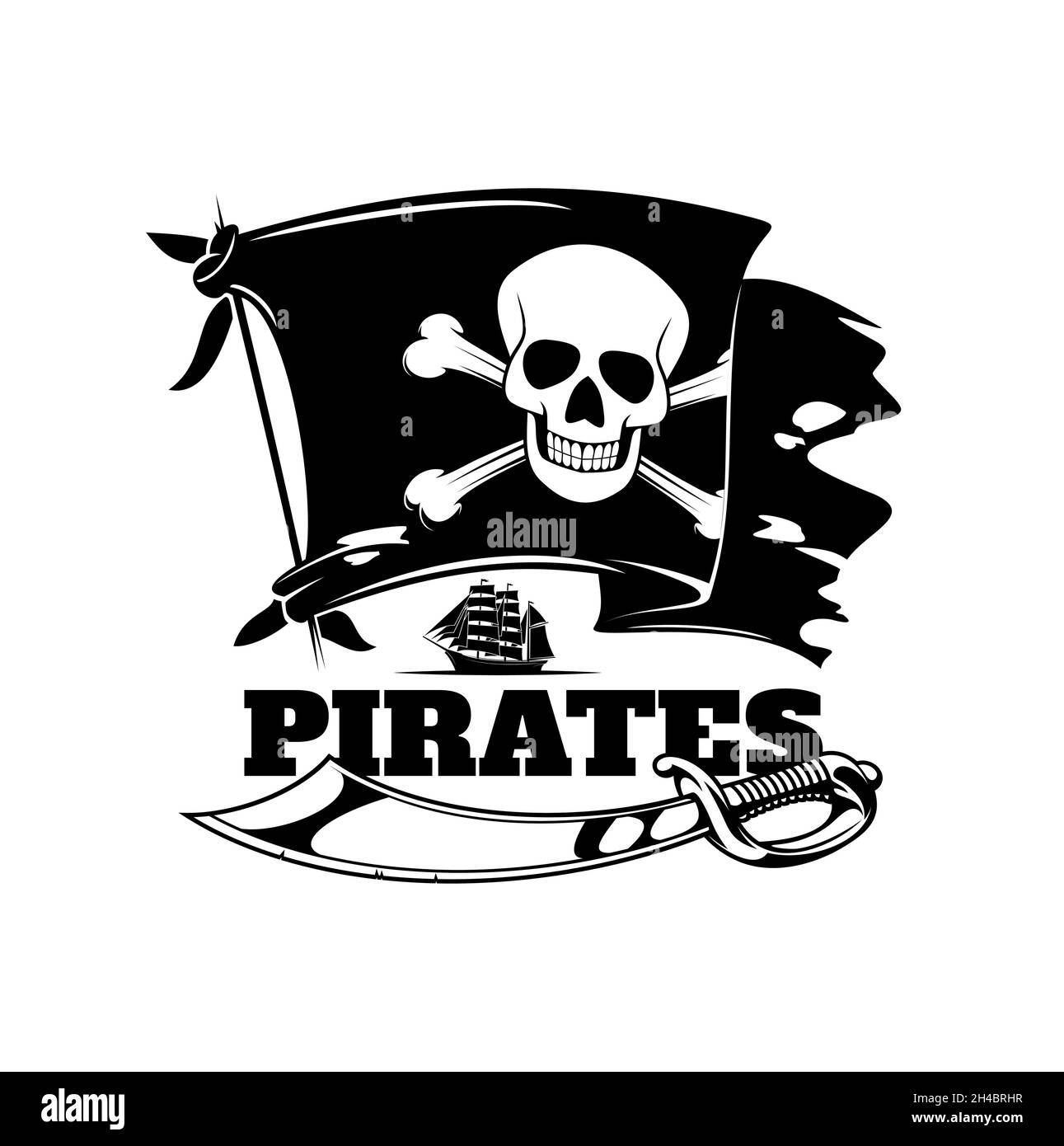 Bandera pirata, cráneo y vector de barco icono con aislado roger