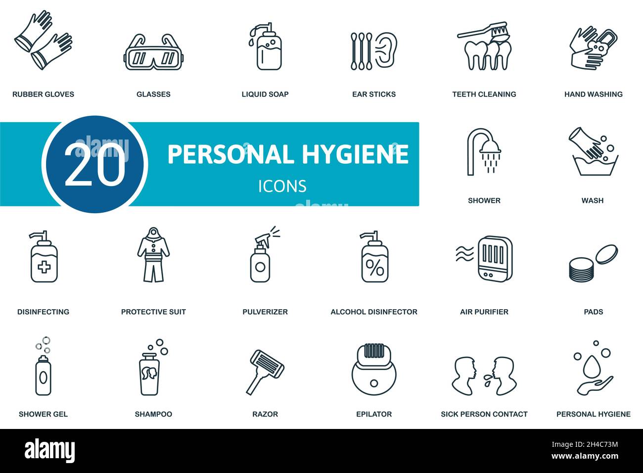 Conjunto de iconos de higiene personal. Recogida de elementos sencillos como guantes de goma, gafas, jabón líquido, lavado, gel desinfectante, pulverizador, oído Ilustración del Vector