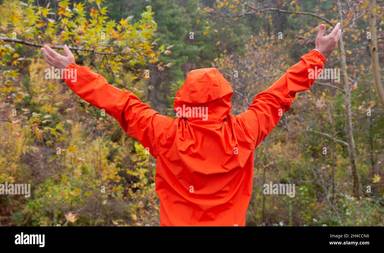 Hombre en color naranja impermeable en paisaje otoñal con los brazos levantados como si abrazara la naturaleza. Concepto de naranja y otoño. Foto de stock