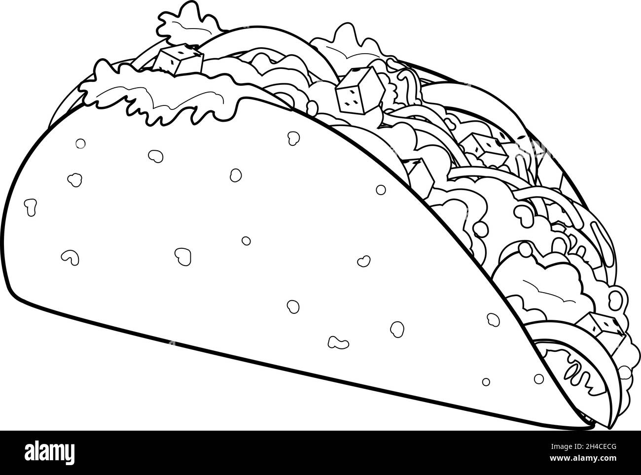 Taco mexicano. Página de colores vectoriales en blanco y negro Imagen