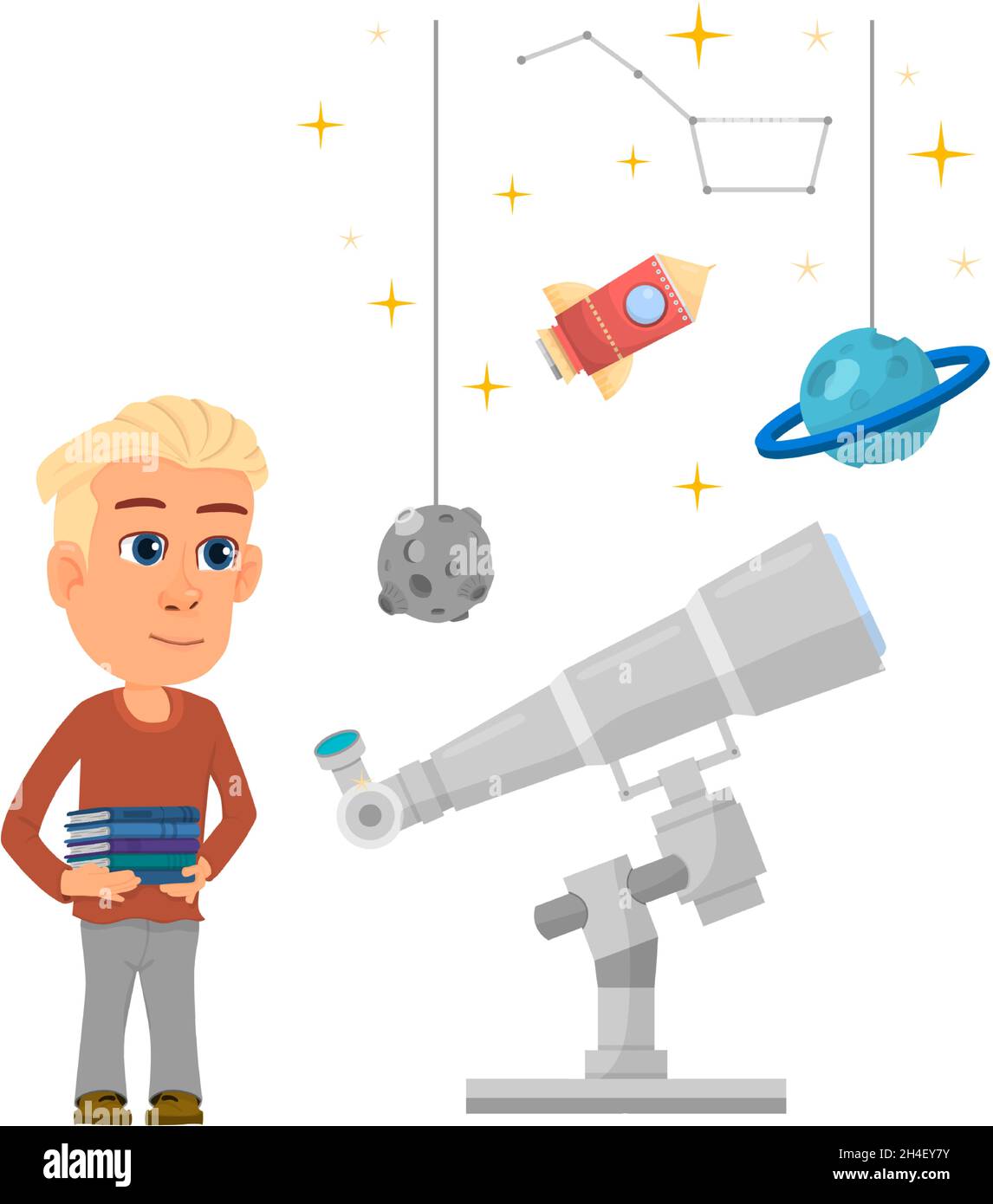 Niño estudiando astronomía. Niño con telescopio y modelos estrella Ilustración del Vector