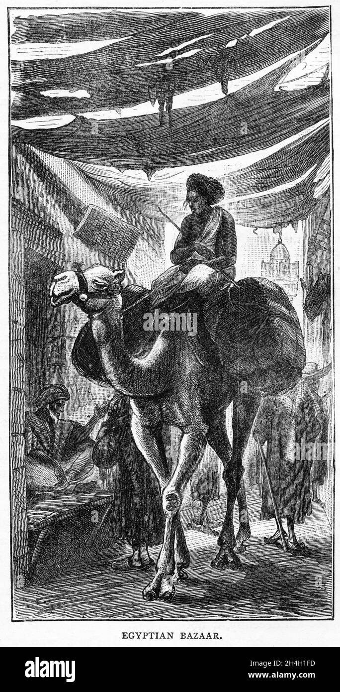Grabado de un hombre montando un camello de compras en un bazar en Egipto, de una publicación alrededor de 1890 Foto de stock