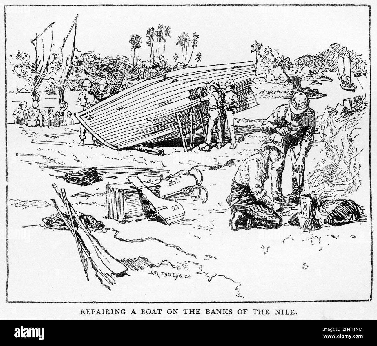 Grabado de los hombres reparando un barco en la orilla del río durante la expedición del Nilo en Egipto, realizado por el Mariscal de Campo Garnet Joseph Wolseley, 1st Viscount Wolseley, de una publicación de alrededor de 1900 Foto de stock