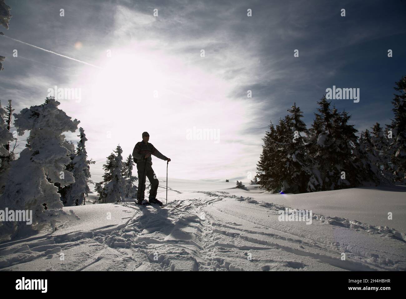 Esquiador en la nieve fresca y se toma un descanso en el Feldberg en el Schwarzwald Foto de stock