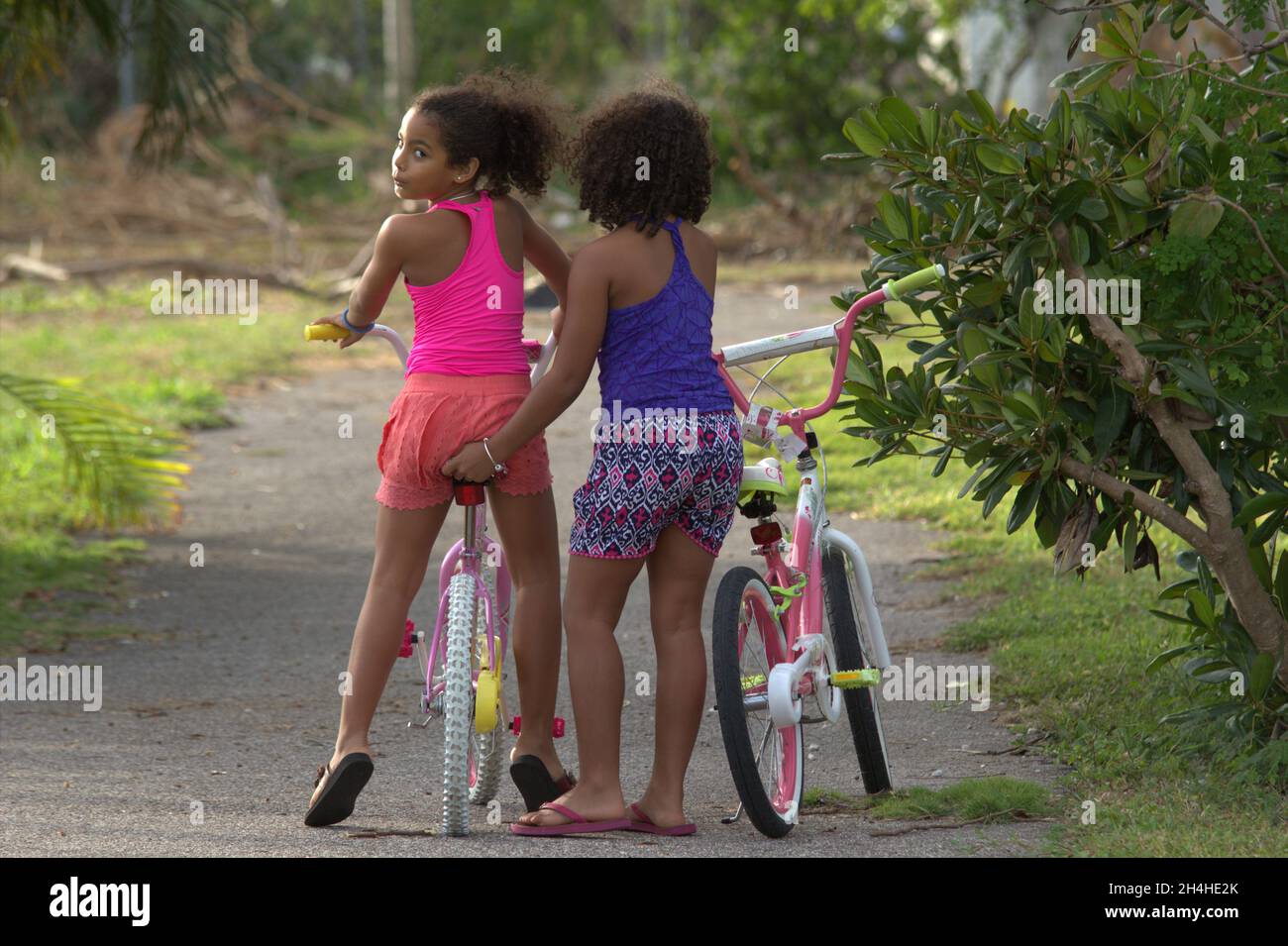 Hermana mayor ayudando a la hermana menor a aprender a montar en bicicleta en el parque Foto de stock