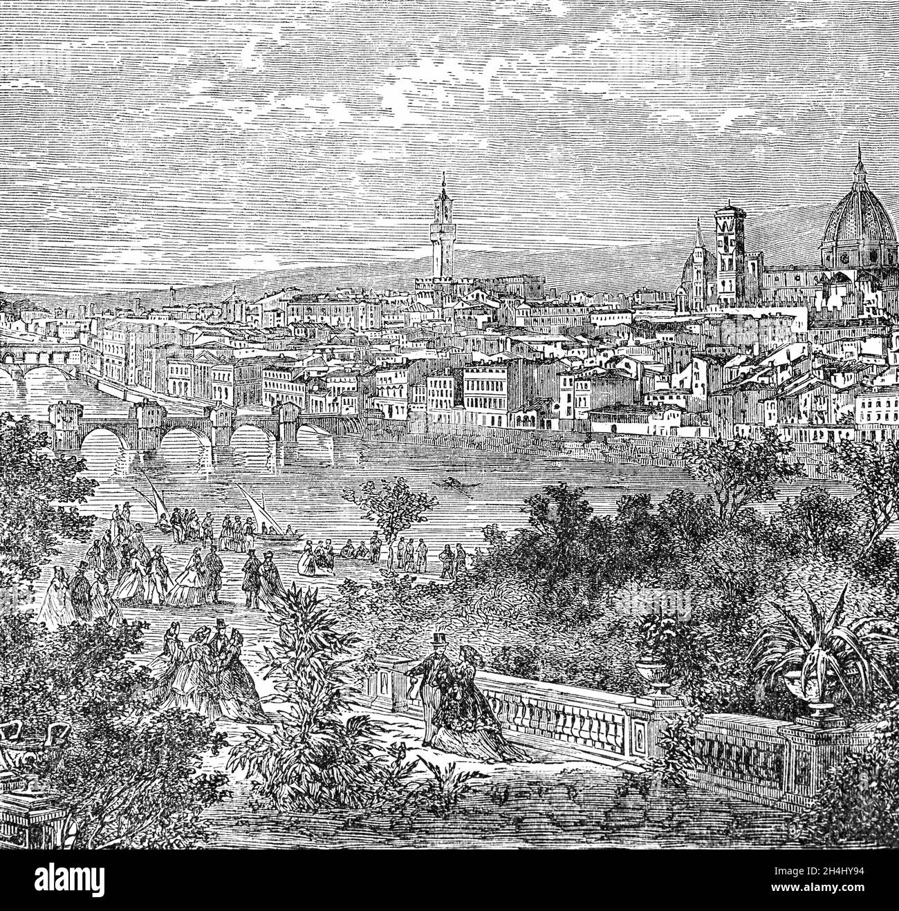 Una ilustración de finales del siglo 19th de Florencia, una ciudad en el centro-norte de Italia y la ciudad capital de la región de Toscana en el río Arno. Florencia fue un centro de comercio y finanzas medievales europeos y una de las ciudades más ricas de la época fue considerada por muchos académicos como el lugar de nacimiento del Renacimiento. Su turbulenta historia política incluye períodos de gobierno de la poderosa familia Medici y numerosas revoluciones religiosas y republicanas. Foto de stock