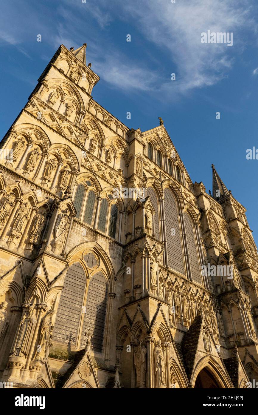 Salisbury, Wiltshire, Inglaterra, Reino Unido. 2021. Catedral de Salisbury, frente oeste visto con el resplandor de la puesta de sol y un cielo azul. Foto de stock