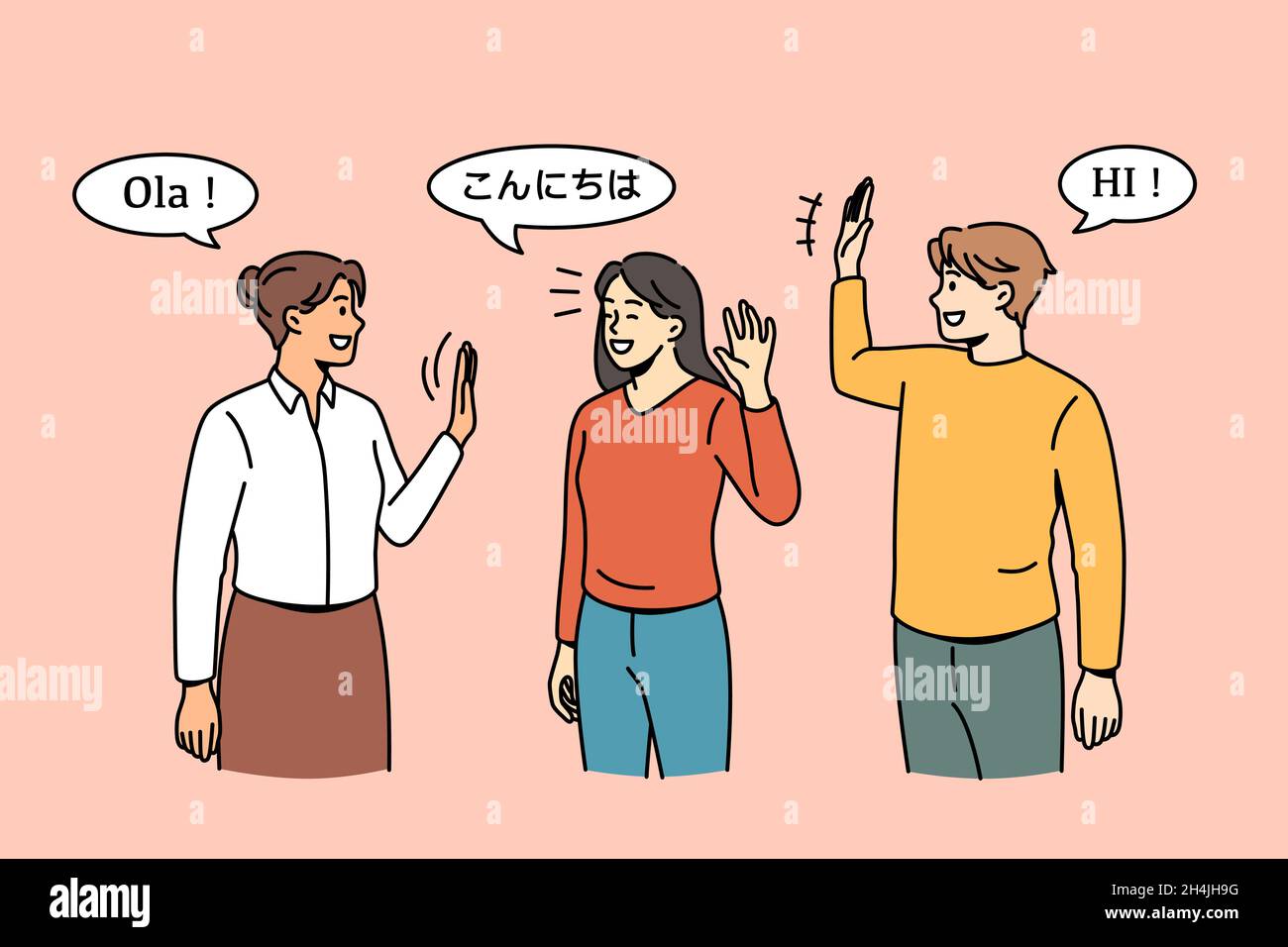 Concepto de comunicación y saludo de diversas nacionalidades. Tres