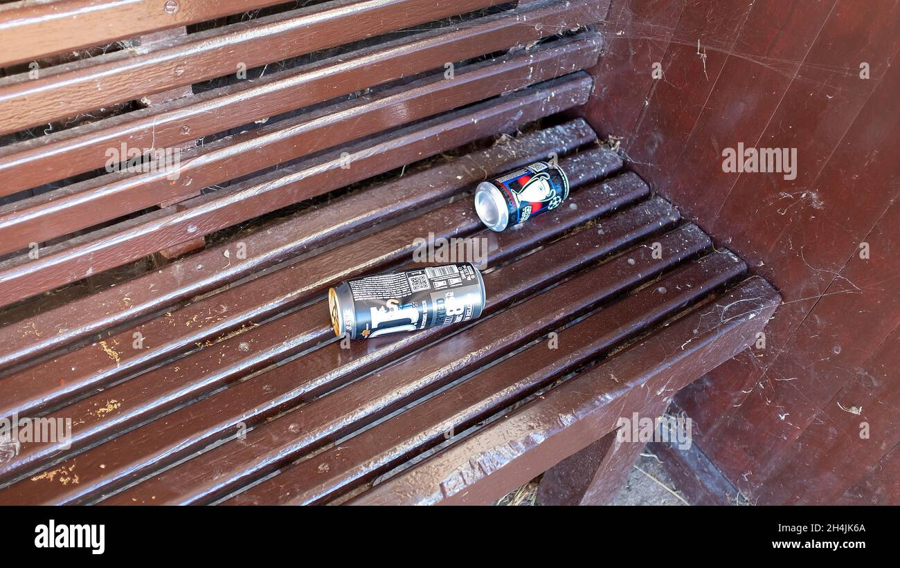 Descartó latas de cerveza vacías Foto de stock