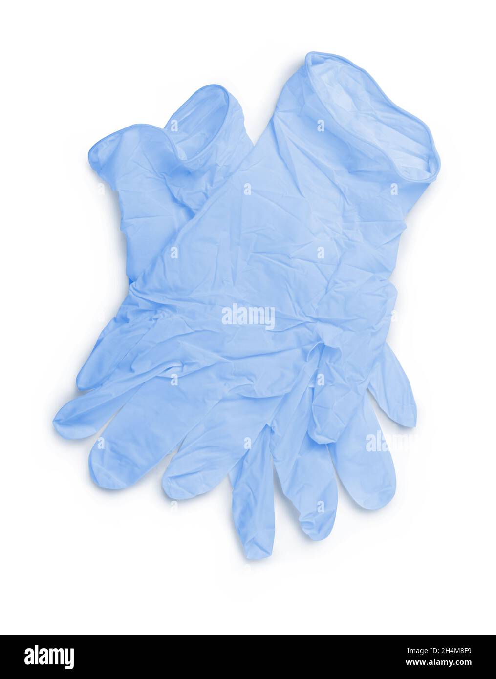 Par de guantes de látex médicos azules cierre aislado sobre un fondo blanco Foto de stock