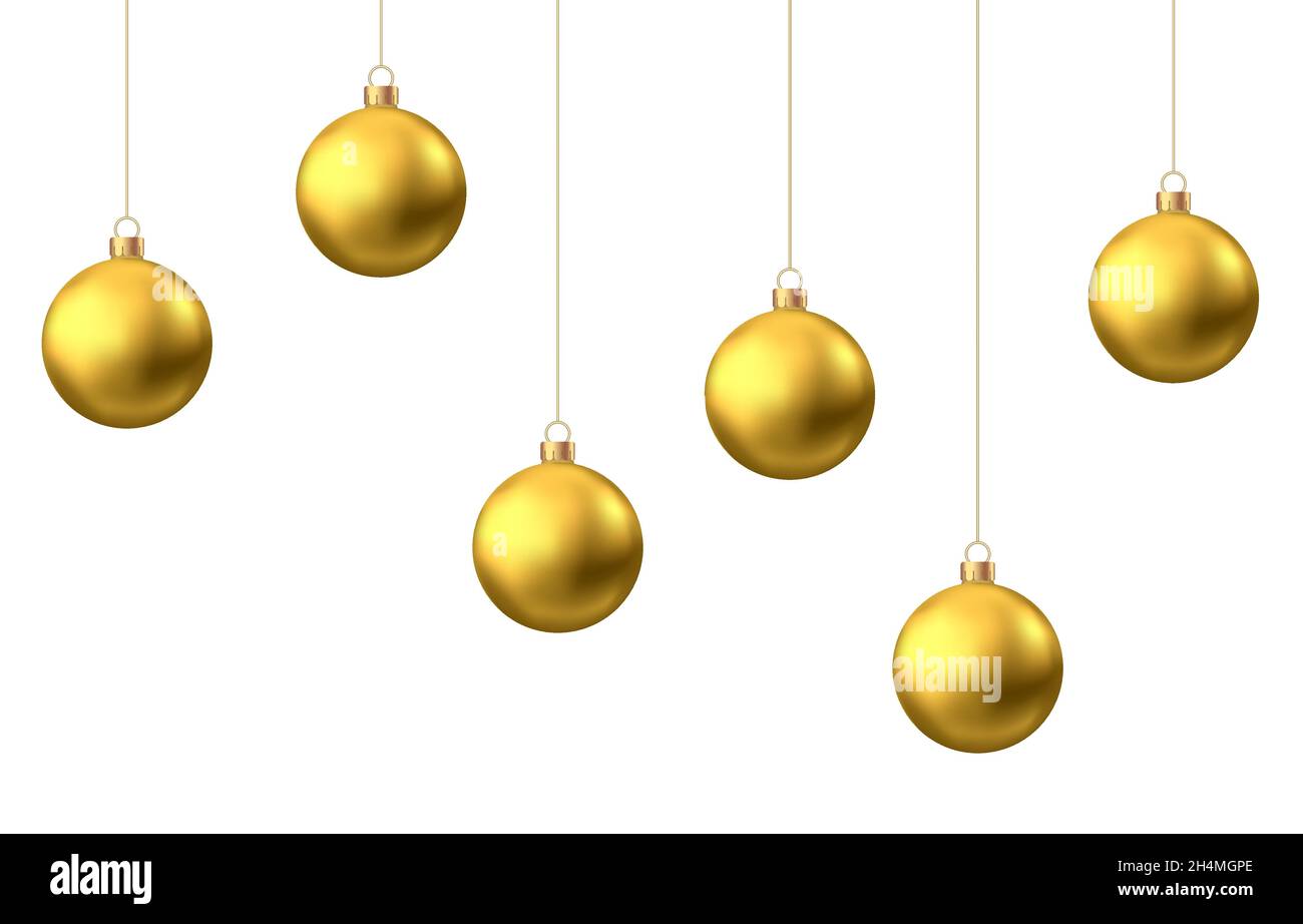 Bolas de Navidad colgantes doradas aisladas sobre fondo blanco. Decoración  navideña realista de bolas. Adorno de día de holyday de oro vectorial  Imagen Vector de stock - Alamy