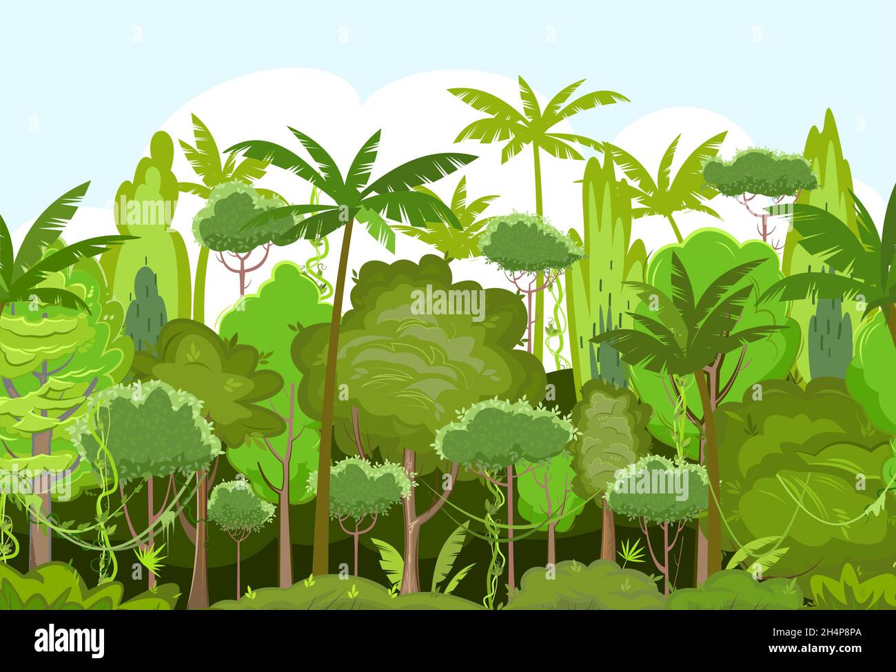 Sombra fondo de la selva. Plantas selva tropical. Hermoso paisaje verde con árboles exóticos y palmeras. Bonito estilo de dibujos animados. Vector Imagen Vector de stock - Alamy Sombra fondo de la selva. Plantas selva tropical. Hermoso paisaje verde con árboles exóticos y palmeras. Bonito estilo de dibujos animados. Vector Imagen Vector de stock - Alamy