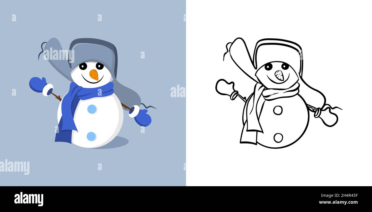 Conjunto de vectores. Ilustración dibujada a mano y dibujo de contorno de un lindo muñeco de nieve. Estilo Doodle Ilustración del Vector