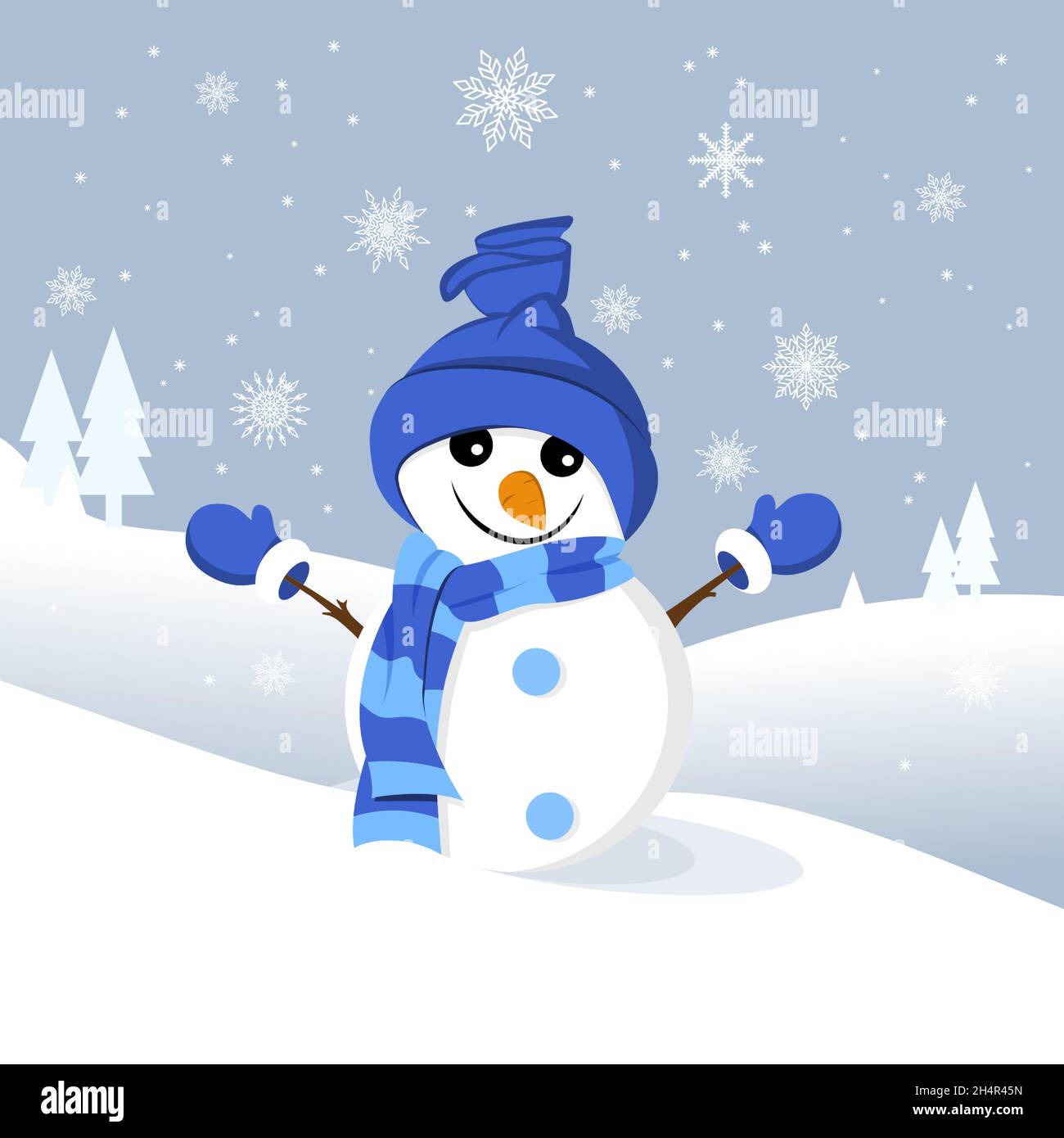 Tarjeta de felicitación navideña con un mono de nieve sobre fondo invernal con copos de nieve. Vector Ilustración del Vector