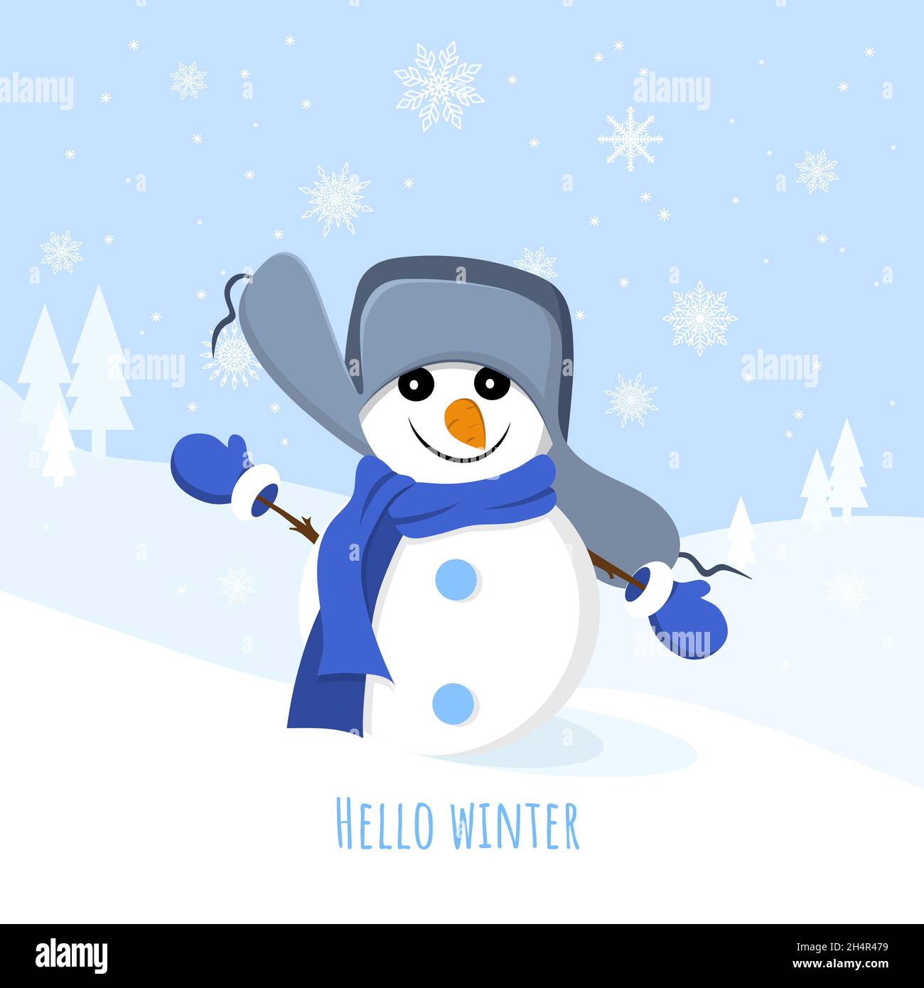 Tarjeta de felicitación navideña con un mono de nieve sobre fondo invernal con copos de nieve. Vector Ilustración del Vector